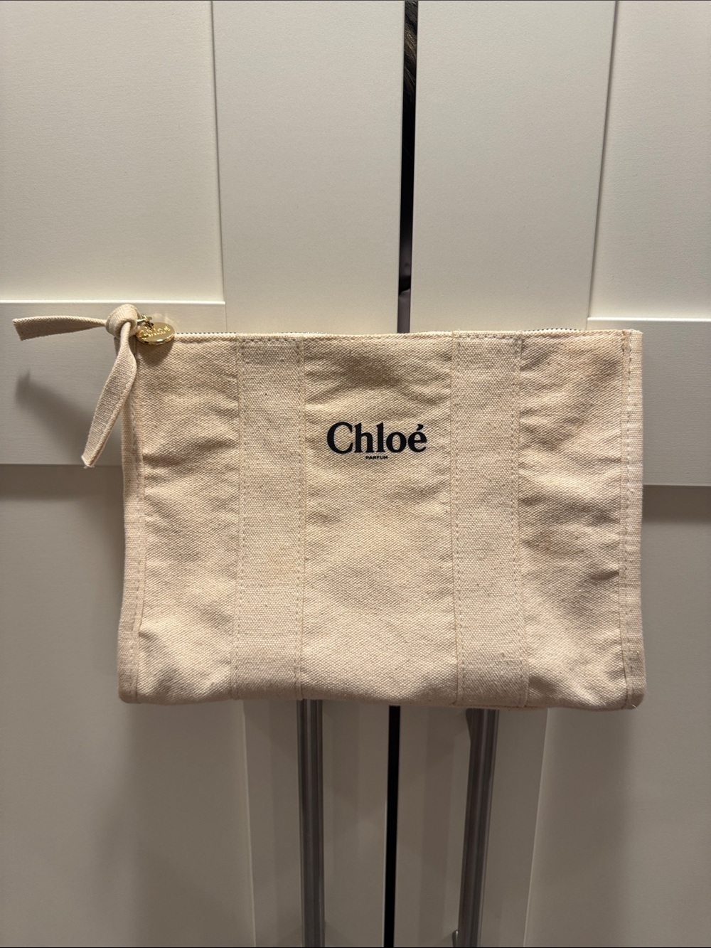 Chloé Beige Canvas Cosmetic Pouch with Gold Accent